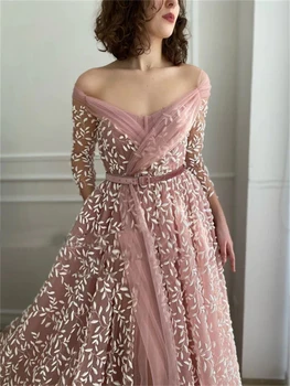 Кружевное вечернее платье со шлейфом из кружева и тюля с поясом и рукавами три четверти, элегантные бледно-лиловые вечерние платья
