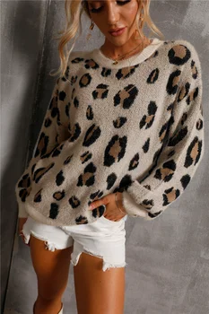Вязаный свитер в стиле бохо, женский С круглым вырезом, леопардовый жаккард, модные свитера, пуловеры для женщин, теплые осенне-зимние джемперы