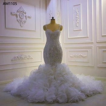 AM1105 Свадебные платья русалки с кружевными оборками на тонких бретельках