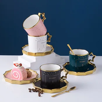 Кофейная чашка со звездным небом объемом 250 мл с подносом, Подарочный деловой Домашний послеобеденный чай, Керамическая чашка для воды ручной росписи в скандинавском стиле