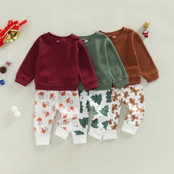 FOCUSNORM 0-24 м Рождественские комплекты одежды из 2 предметов для маленьких мальчиков и девочек, 3 цвета, пуловер с длинными рукавами, однотонная толстовка + штаны под Рождественскую елку