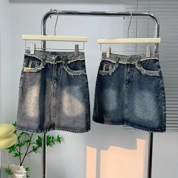 Лето 2023, Новая американская ретро-сексуальная уличная одежда, джинсовая юбка с необработанными краями, женская облегающая юбка трапециевидной формы с высокой талией, бедра