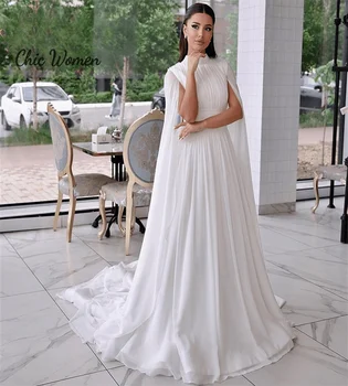 Потрясающее белое Свадебное платье в арабском стиле Дубая 2023 года с накидкой-часами, высокой горловиной, расшитыми бисером, Пляжными шифоновыми свадебными платьями, шикарным Кантри